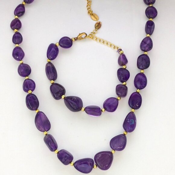 STAUER Genuine Amethyst Stone Beaded Necklace & Bracelet Set - Picture 1 of 7